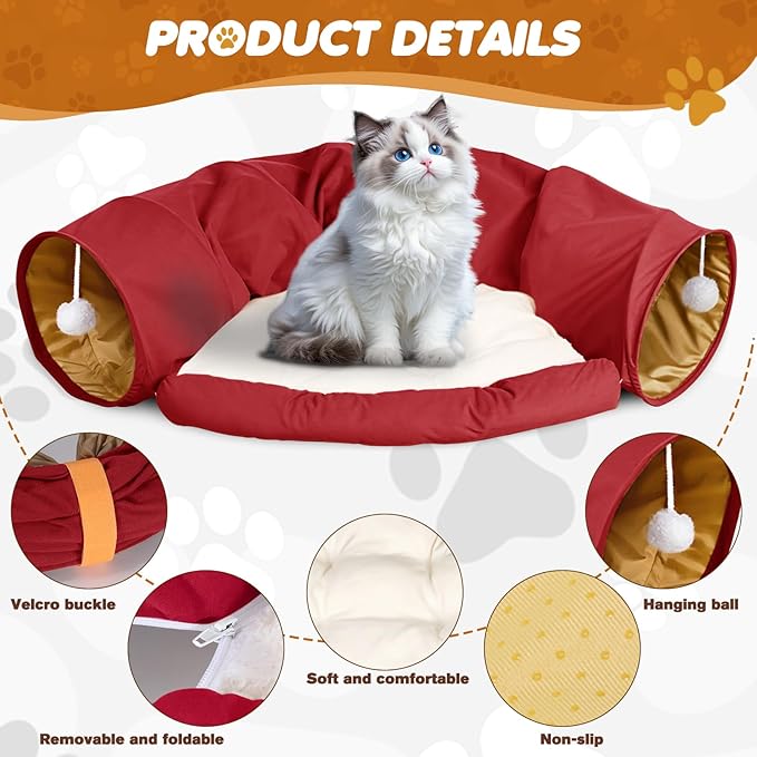 Spardar Bunny Tunnel Bed, 2-in-1 Collapsible Tunnel Tubes Toys, Washable, with Removable Mat Hideout, Interactive Toys for Rabbits Chinchilla Hedgehog Guinea Pigs Kitty, Red
