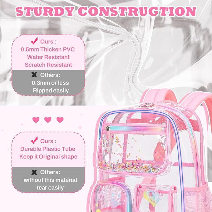 PIG PIG GIRL Clear Backpack for School,Heavy Duty PVC Transparent Bookbag for Girls Stadium Approved See Through Backpack