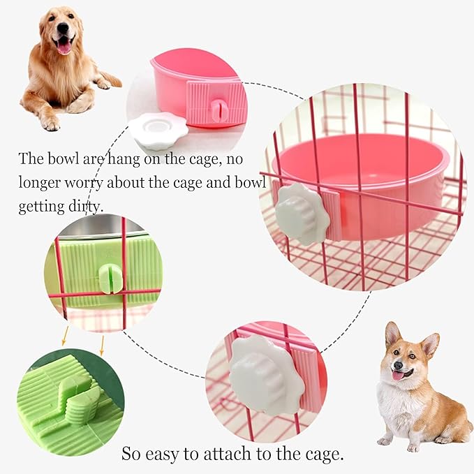 kathson Crate Dog Bowl, Removable Stainless Steel Hanging Pet Cage Bowl Food & Water Feeder Coop Cup for Cat, Puppy, Birds, Rats, Guinea Pigs (3 PCS, Size: L, Blue, Green, Pink)