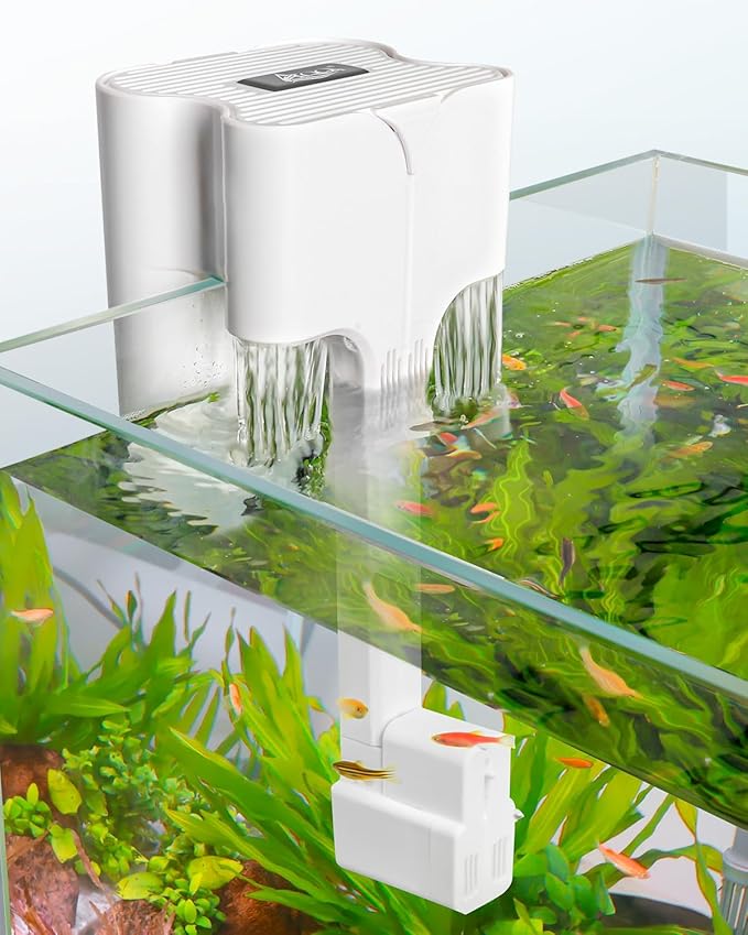 AQQA Hang On Aquarium Filter, Power Waterfall HOB Fish Tank Filter with Surface Skimmer, Adjustable Flow, Silent Multi-Stage Filtration for Freshwater & Saltwater, for Rimless Aquariums (6W 54GPH)
