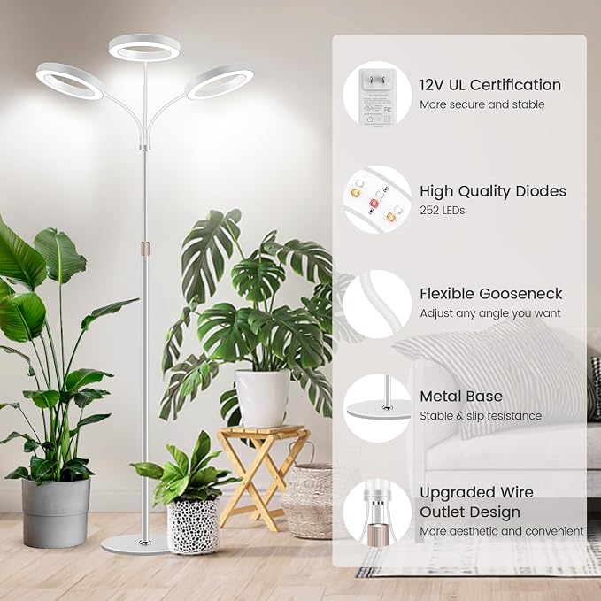 Floor Plant Light, 3 Head Full Spectrum Grow Light with Base | 252 LEDs 6000K Grow lamp,12V,23''-67'' Height Adjustable,3 Color Modes & 5 Dimmable,Timer 6/12/16H,for Large Plants