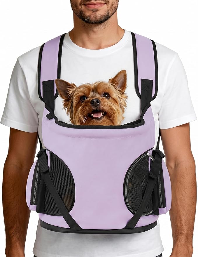 YUDODO Dog Front Backpack Carrier 5-15 lbs, Soft Breathable Pet Front Facing Carrier with Adjustable Straps, Multi-Pocket Design, for Small Dogs & Cats (Purple)