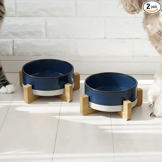 Elevated Ceramic Cat and Dog Double Bowl Set - 14 oz Lead-Free Feeder with Two Natural Bamboo Wood Stands (Blue)