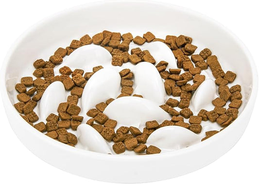 Ceramic Slow Feeder Cat Bowl 6.3" Wide (White) | Anti-Gulping & Keep Fit, Dishwasher Safe, For Dry and Wet Food, For Cats and Small Dogs, Shallow Bottom Puzzle Feeder