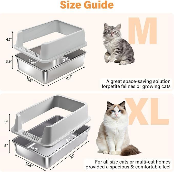 Stainless Steel Cat Litter Box with Lid, Metal Litter Box for Small Cats, Low Entry Kitten Litter Boxes with Scoop and Mat, Non-Sticky, Anti-Urine Leakage, Easy Cleaning, M