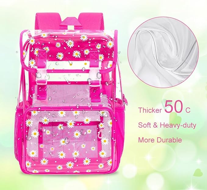 17" Daisy Clear Backpack for Girls - Flip Design Stadium Approved 3Pcs Set, Heavy Duty PVC Bookbag for Concert/School (Rose)