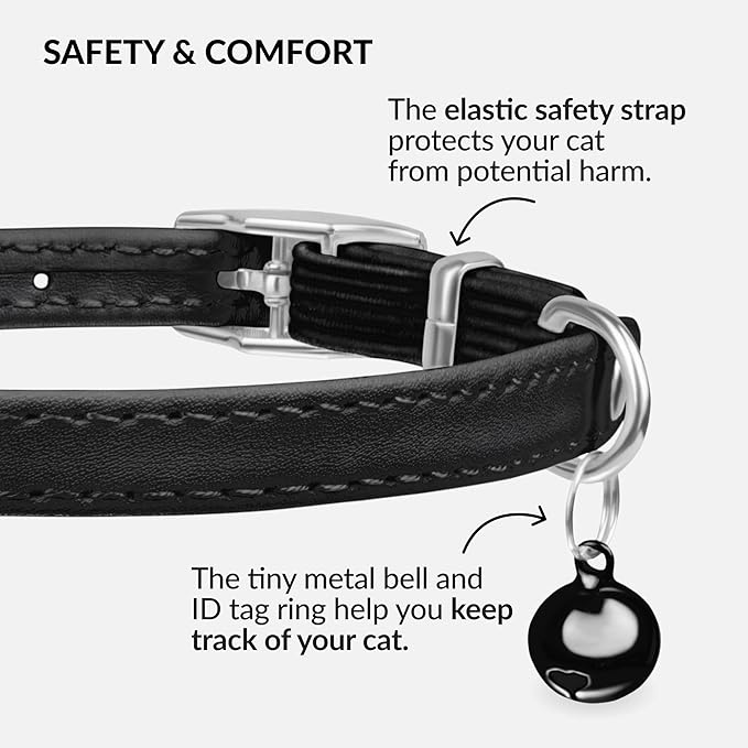 CollarDirect Leather Cat Collar with Removable Bell – Safety Elastic Strap (Breakaway Alternative) – Kitten Collar for Small & Big Boy & Girl Cats