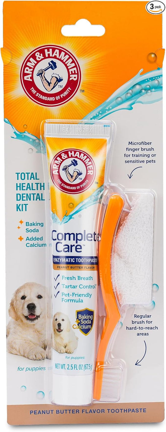 Arm & Hammer Complete Care Puppy Dental Kit, Enzymatic Toothpaste with Baking Soda and Calcium for Dogs, Peanut Butter Flavor, Toothbrush and Microfiber Brush Included, Fluoride-Free, 2.5 Oz