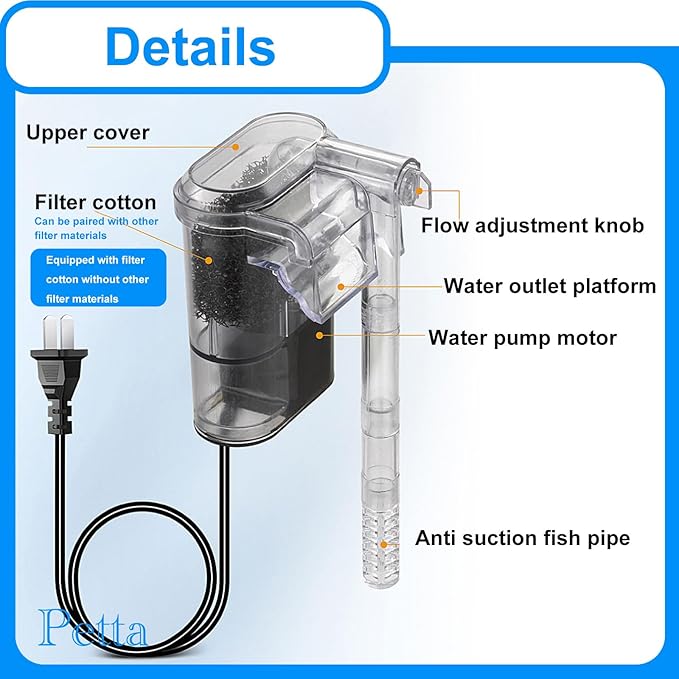 Quiet Hang on Aquarium Filter for Betta, Slim HOB Fish tank Filter for 3-10 Gal Planted Aquariums & Aquascaping with 1 Pre-Filter Sponge ，Adjustable Flow，250L/H