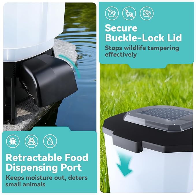 Solar Automatic Fish Feeder for Pond, Large Capacity 23L, Auto Outdoor Koi Fish Feeder, Programmable Auto Timer, Automatic Dispenser for Vacation, Big Tank, Battery & AC Electric Power
