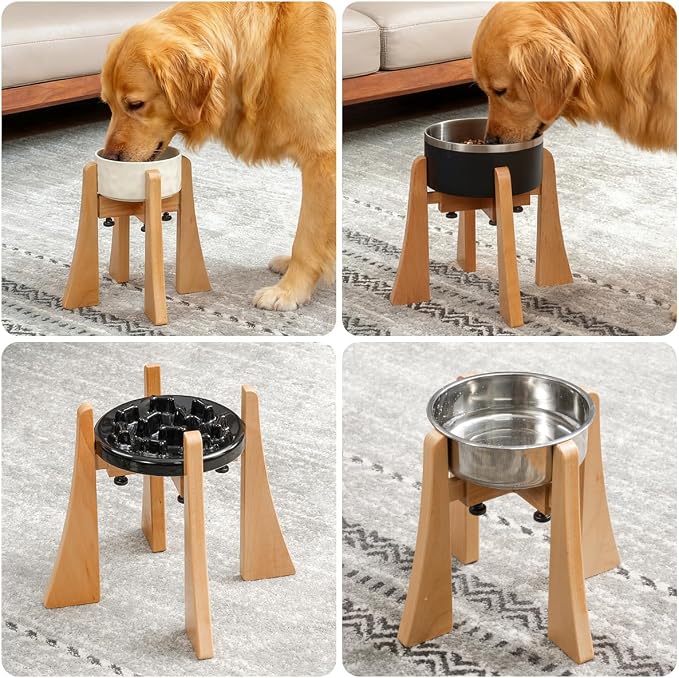 Elevated Bowl Stand 12-inch with Heavy Duty Beech Wood Made, Anti-Vomit Design for Medium Breed, Senior Dogs, Ergonomic Neck Protecting, Adjustable Diameter, Easy Clean Non Toxic