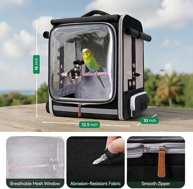 Mancro Bird Carrier Backpack for Small Birds, Cockatiel, Parrot, Bird Backpack with Tray and Standing Perch, Bird Travel Carrier Cage with Clear Window and Breathable Mesh Front for Vet Visits