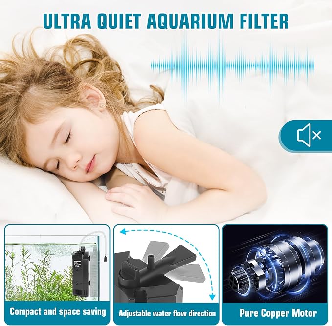 AQQA Submersible Aquarium Filter for 50-100Gal Fish Tank Whisper Fish Corner Filters with Adjustable Waterflow for Bio Filtration, Water Circulation and Oxygenation (12W,260GPH)