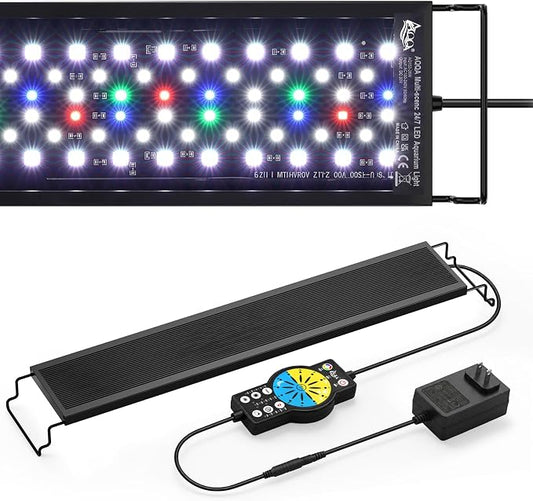 AQQA 24/7 Aquarium Light with Timer, Full Spectrum LED Fish Tank Light | for Freshwater & Plants, 9 Dimmable Light Modes, 10 Adjustable Brightness, Extendable Brackets for 35-47 inch Tank,56W Black