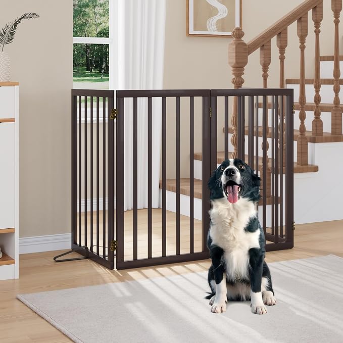 Freestanding Dog Gate Indoor 32“Tall, Foldable Dog Gates for Doorways, 4-Panel Pet Gates for Dogs with with 2 Metal Stands (74" W, Espresso)
