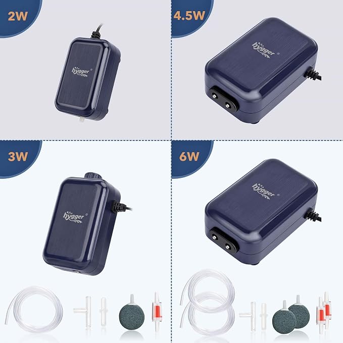 hygger Aquarium Air Pump,Adjustable Oxygen Pump，Silent Powerful Aerator Pump 2W/3W/4.5W/6W/ 1/2 Air Outlets Ultra for Up to 100 Gallon Tank