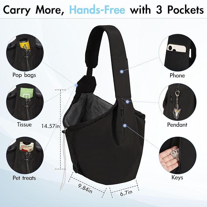 Dog Carrier Sling, Dog Carriers for Small Dogs & Cats with Pockets, Puppy Carrier Sling 20 lbs Machine Washable, Adjustable Shoulder Strap, Hands Free for Family Outdoor Use (Black)