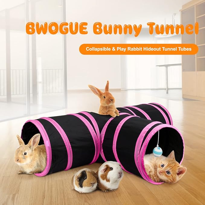 BWOGUE Bunny Tunnels & Tubes Collapsible 3 Way Bunnys Hideout Small Animal Activity Tunnel Toys for Dwarf Rabbits Guinea Pigs Kitty