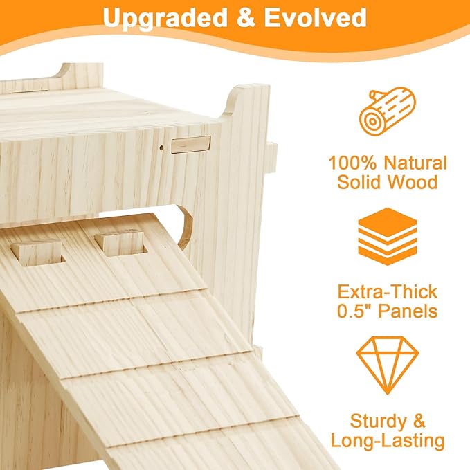 Large Natural Wooden Rabbit Castle,Bunny House,Detachable Rabbit Hideaway, Indoor Hamster Castle with Ramp, Small Animal Houses & Habitats for Guinea Pig Chinchilla Ferret