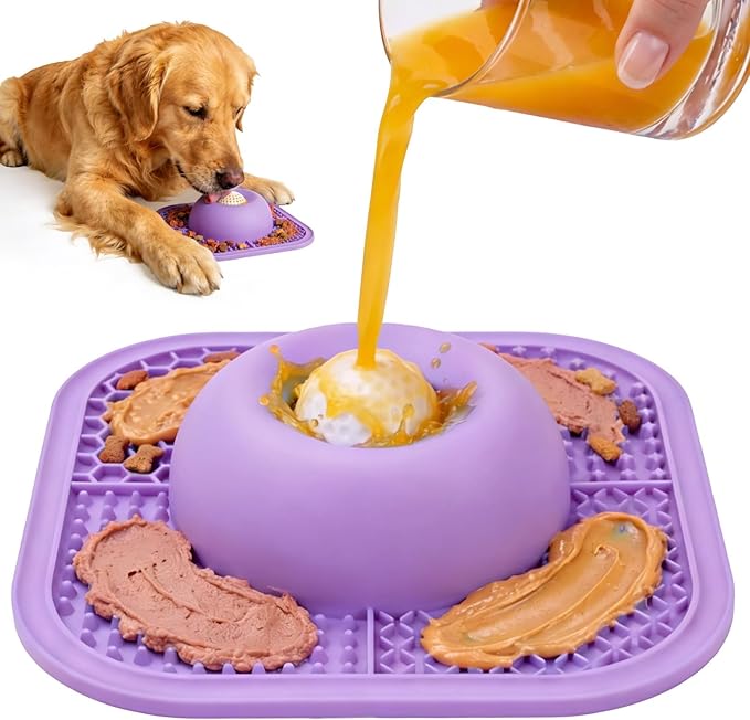 PetsHome Slow Feeder Dog Bowls & Lick Mat for Liquid and Thick Treat, Anti-Slip Dog Lick Bowl with Interactive Rolling Ball, 5/6 Cup Pup Licking Toy for Large Medium Small Dogs and Cats Purple