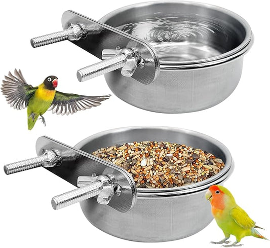 PINVNBY Stainless Steel Bird Bowl Parrot Food Water Bowls with Clamp Holder Bird Feeder Dish Cups Crate Bowls for Cockatiel Pigeons Conure Budgies African Greys (2PCS Screw Size: L)