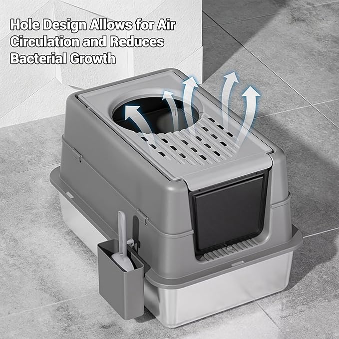 Stainless Steel Cat Litter Box with Lid - Enclosed Covered Metal Kitty Litter Box Enclosure with 180° Flip-Top, Leak-Proof High Sided Cat Box & Scooper, Easy to Clean, Odor Control, for All Cat Sizes