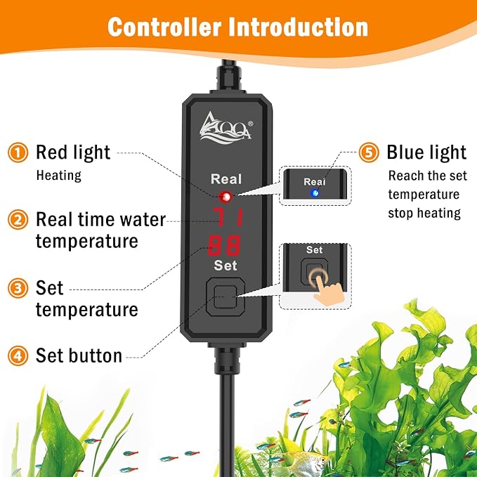 AQQA Small Aquarium Heater,Submersible Fish Tank Heater Adjustable Temperature,Mini Short Dual-use Fish Heater with LED Digital Display Thermostat,Saltwater Freshwater 200W