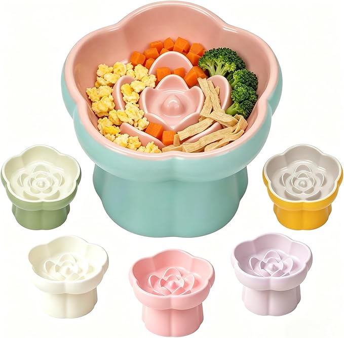 Cat Slow Feeder Flower-Shaped Ceramic Slow Feeder Cat Bowl, Tilted Raised Cat Slow Feeder Bowl for Whisker Relief, Prevents Vomiting & Bloating, Non-Slip Base