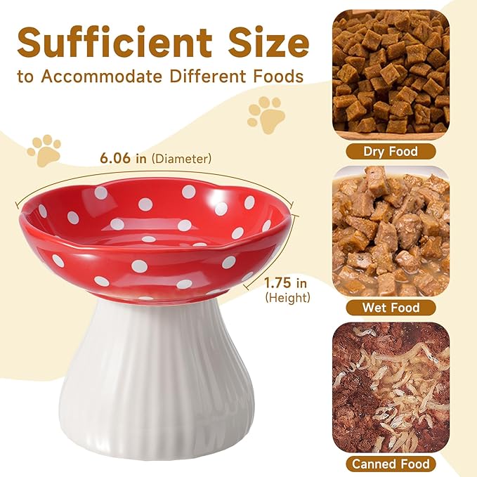 Mushroom Cat Bowl,Whisker Fatigue Cat Bowl,Cute Cat Bowls,Elevated Cat Food Bowl, Lead & Cadmium Free Ceramic Cat Bowls for Food and Water. (Red+Yellow)