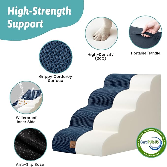 COZY KISS Wide Dog Stairs for Small Dog 19.7" H, Pet Step for Puppy, Older Cat, Curved Ramp for Bed, Durable Anti-Slip Ladder with High Density Foam, 4 Step, 17.7x28x19.7 inch, Navy Blue