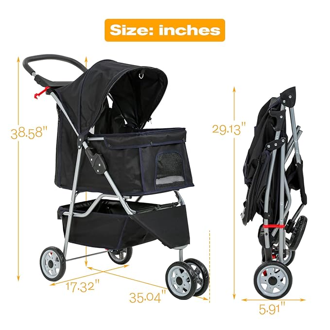 HCY Folding Dog Stroller, 3 Wheels Pet Strollers Pet Gear for Small Medium Cats Dogs Puppy with Storage Basket, Cup Holder,Lightweight-Black, 35x17x38 Inch