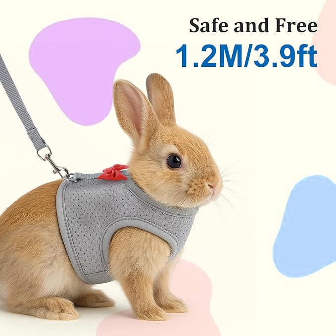 Bunny Harness and Leash Set, Escape Proof Rabbit Harness,Soft Breathable Mesh Rabbit Harnes with Bow and Metal Buckles for Rabbits, Kittens, Ferrets, Guinea Pigs,Pet Walking Gear