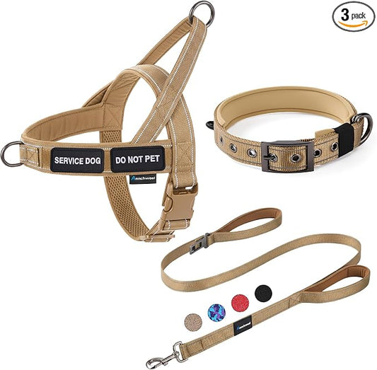 Annchwool No Pull Dog Harness,Heavy Duty Reflective Collar & Leash Set-Leash with Double Handle & Car Seatbelt Clip-Easy Control for Walking Training Medium Large Size Dogs(Brown,L)