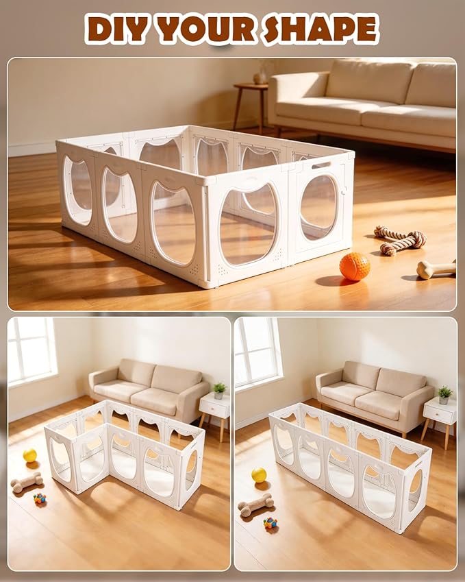 Clear Acrylic Dog Playpen with Door, 10 Panels Large Clear Dog Playpen Indoor, 23.6" Transparent Pet Fence, Expandable Puppy Playpen with Suction Cups, Easy Assemble for Medium/Small Dogs & Pets