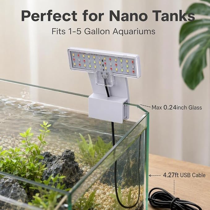7W Nano Aquarium Light Clip-On Fish Tank Light with Timer & 9-Level Dimming&3 Colors for 1-5 Gallon Tanks, USB LED Full Spectrum Light (Adapter Not Included)