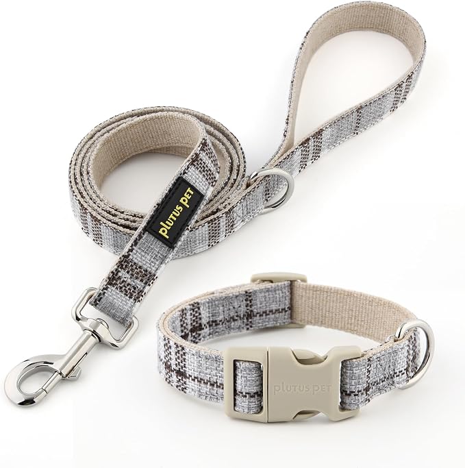 Plutus Pet Cotton Hemp Dog Collar and Leash Set, Adjustable Collar for Small, Medium, and Large Dogs, Heavy Duty and Soft on Skin, Gray Plaid, M