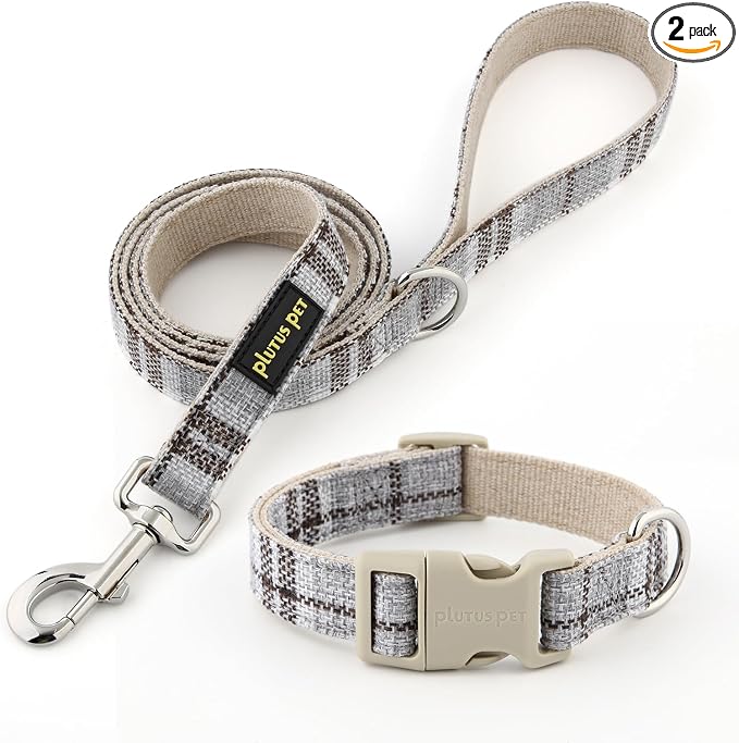 Plutus Pet Cotton Hemp Dog Collar and Leash Set, Adjustable Collar for Small, Medium, and Large Dogs, Heavy Duty and Soft on Skin, Gray Plaid, XS