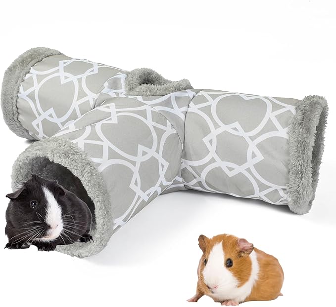 LUCKITTY Plush Inside 3-Way Shape Small Animals Tube Tunnel with Interactive Ball for Guinea Pig, Hamster, Chinchilla, Hedgehog Hiding and Resting, Geometric Grey