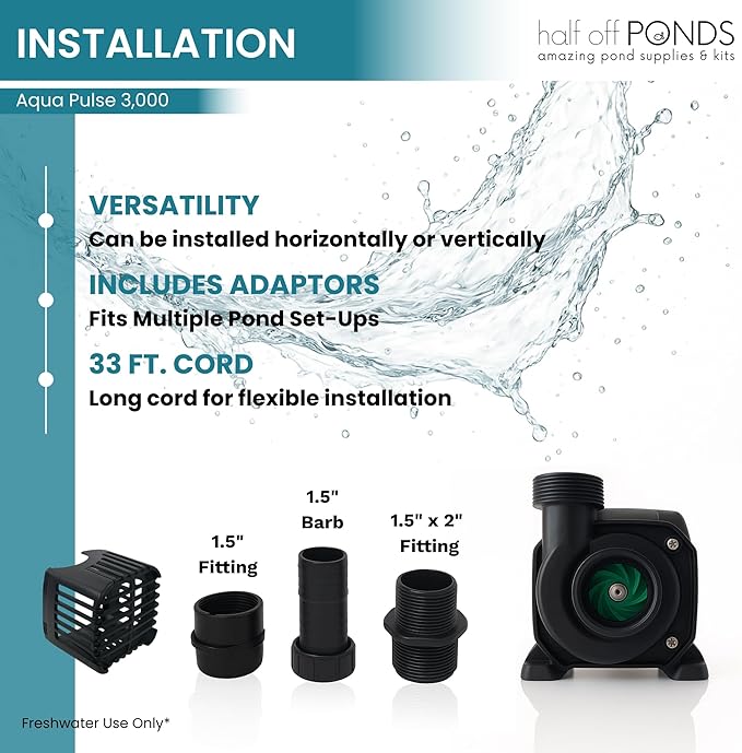 HALF OFF PONDS Submersible Water Pump, 3,000 GPH Pond Pump with 33FT Power Cord and 19FT Max Head, 192W Ultra Quiet Energy Efficient Pump for Koi Pond, Fountain, Waterfall, Water Garden, Skimmer