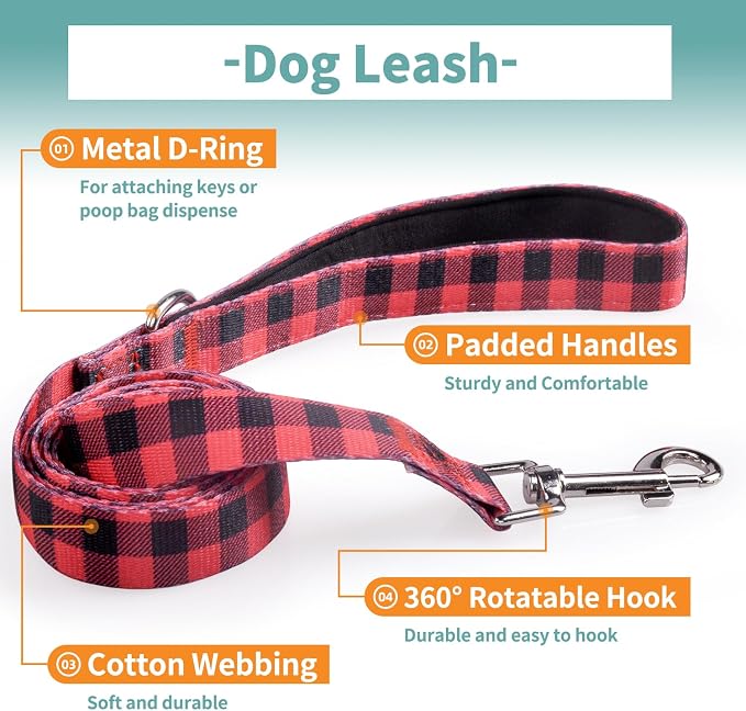 IVY&LANE Dog Collar with Bowtie and Leash Set | Plaid Adjustable Dog Collar | Detachable Bow Tie |5 FT Dog Leash | for Small Medium Large Dogs | Checkered Red | Small