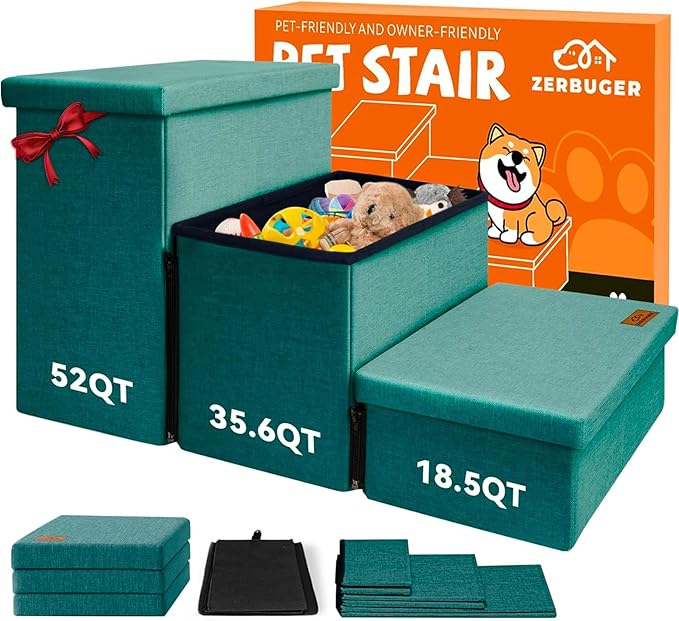 Zerbuger Dog Stairs with Storage 18" H, 3-Step Wider Dog Steps for Small/Medium/Large Old Dogs Cats, Folding Sturdy Pet Stairs for Climbing Bed Couch, Ramp for Car Hold Up to 200 lbs, Dark Green