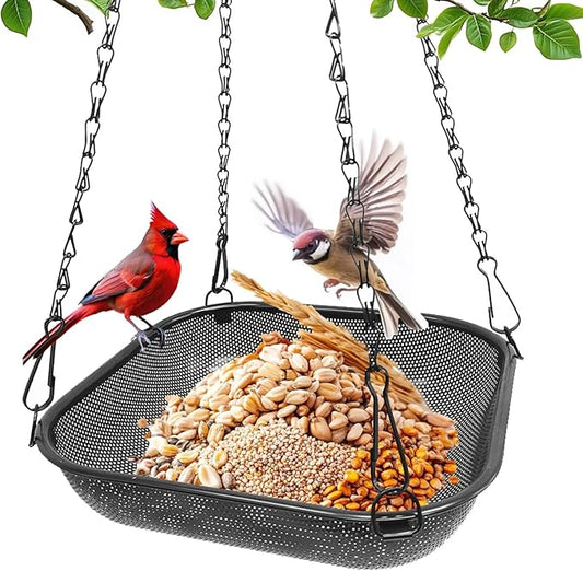 Hanging Bird Feeder for Outdoors – 11 in Square Metal Mesh Bird Feeder Tray Platform for Wild Birds, Black