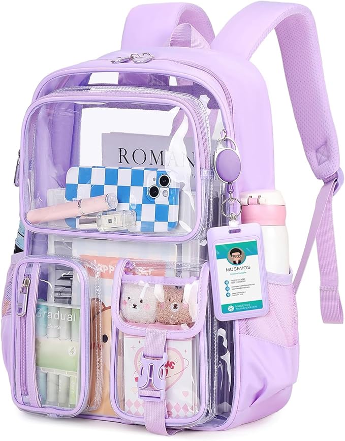 MUSEVOS Clear Backpack for School, Heavy Duty Clear Bookbag for Girls Boys Transparent Backpack with Badge Holder, Purple