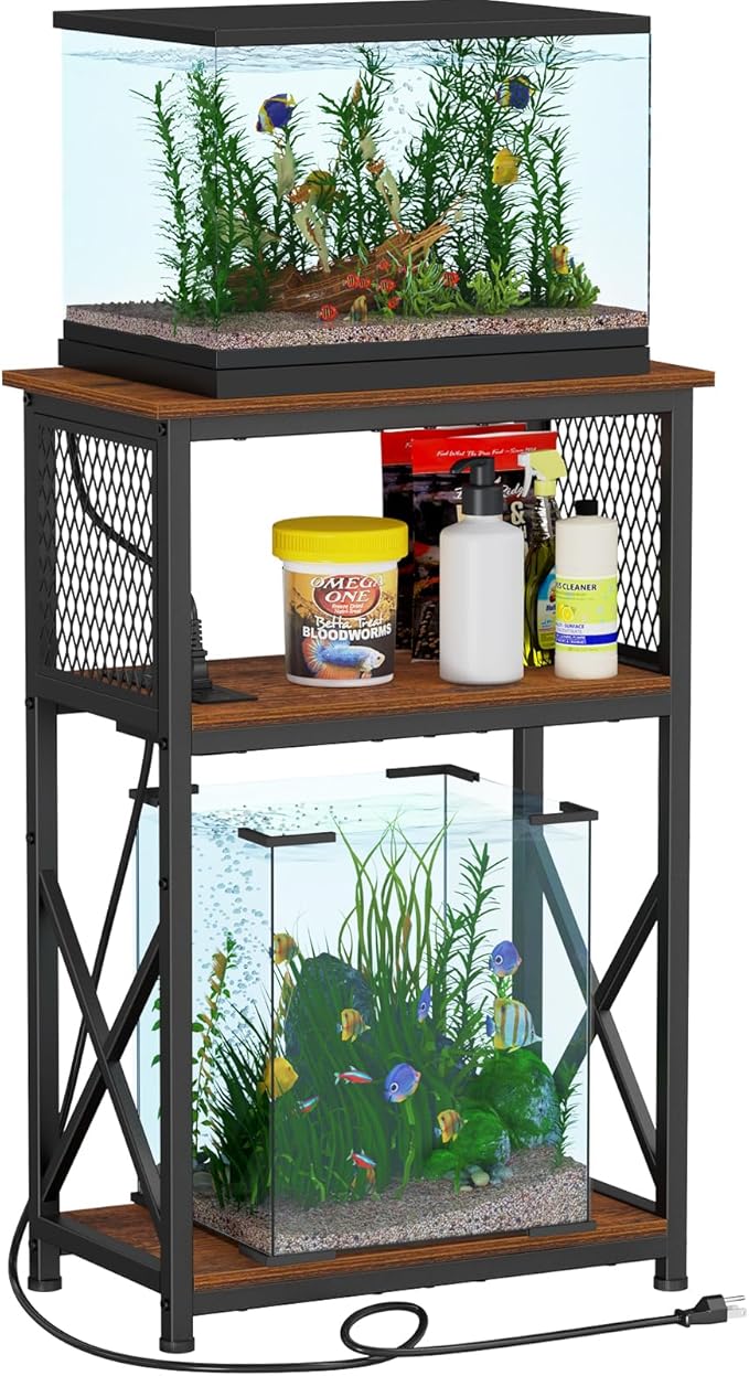 Snughome 10 Gallon Fish Tank Stand with Power Outlets, Aquarium Stand with Storage, 3 Tier Heavy Metal Reptile Tank Stand Fish Tank Shelf 20.47" x 11.42" x 30.91", Rustic Brown