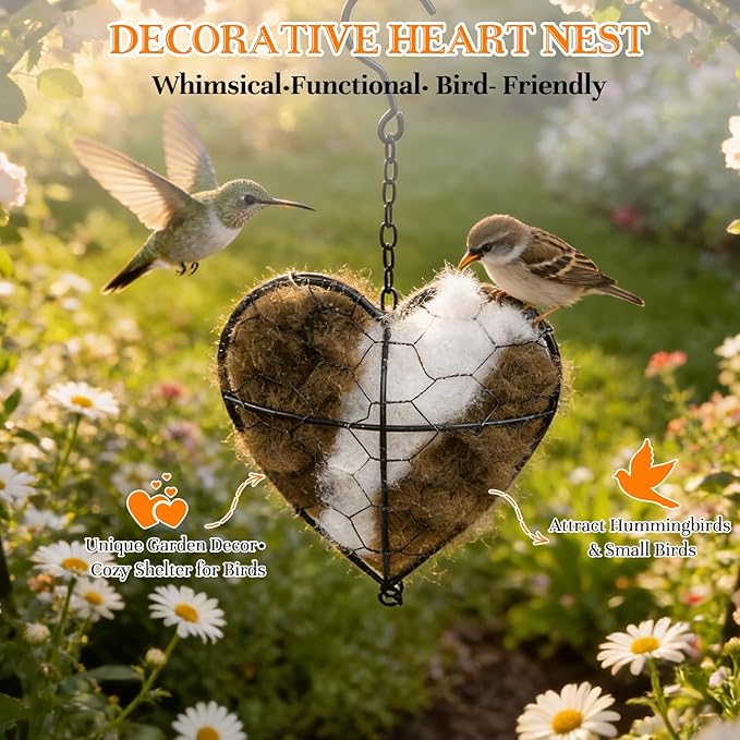 Handmade Alpaca Fiber Bird Nesting Heart–Refillable Natural Nesting Material Holder for Wild Birds,Hummingbirds&Chickadees,Winter Shelter&Garden Decoration,Spring and Summer Fowl Gifts for Bird Lovers