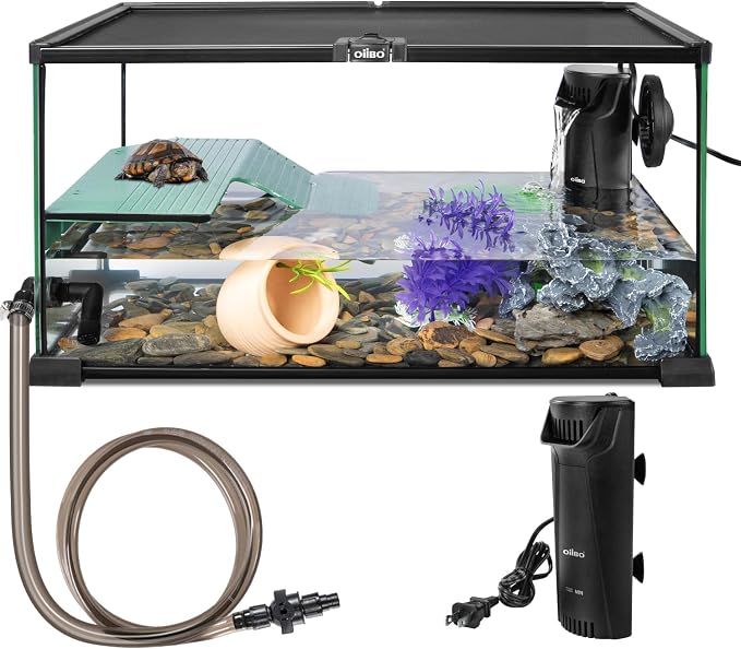 Glass Turtle Tank Kit, 10 Gallon 20" x 12" x 10" Turtle Tank Starter Kit with Drainage System, Basking Platform and Quiet Aquarium Corner Internal Filter Aquatic Turtle Terrarium