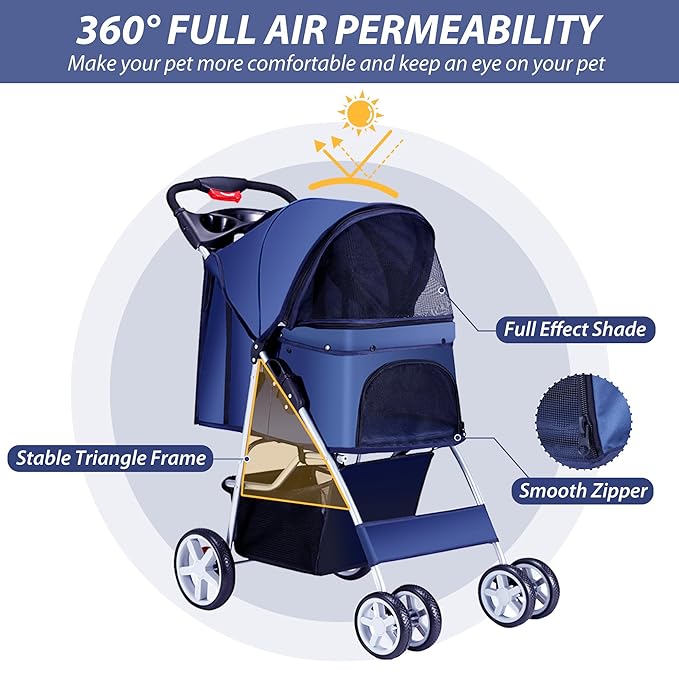 Unisakey 4 Wheels Pet Stroller for Small Medium Dogs Cats 10-33 lbs, Foldable Dog and Cat Stroller with Cup Holder & Storage Basket & Breathable Mesh, Pet Strolling Cart for All-Season, Navy Blue