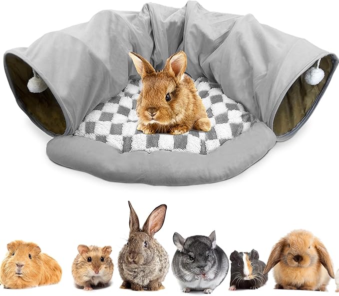 PINVNBY Bunny Tunnel Bed 2-in-1 Removable and Cozy Large Guinea Pig Hideout Tunnel Washable Small Animal Tunnels Tube Toys Guinea Pig Accessories for Rabbit Chinchilla Hedgehog Ferret (Gray)