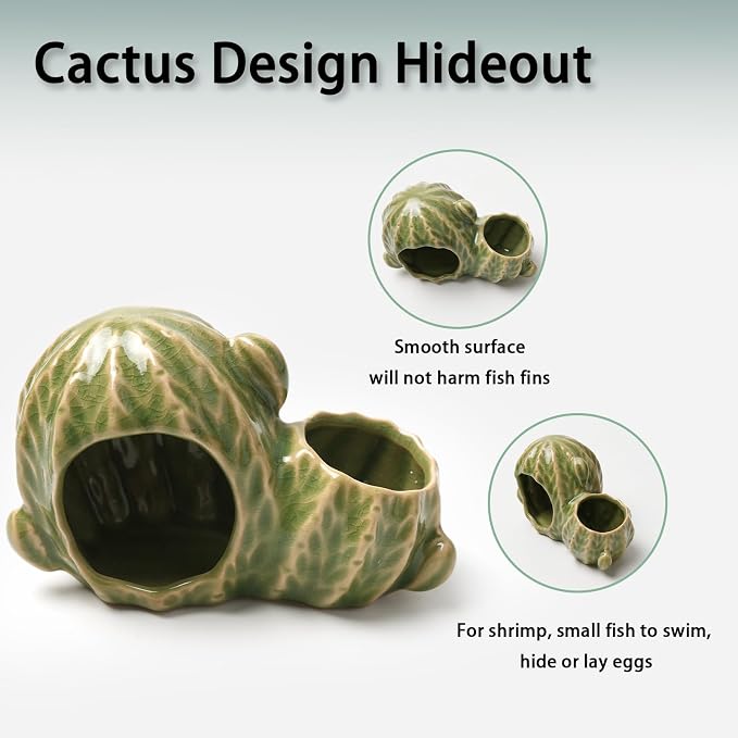 Green Aquarium Decor Ceramic Western Cactus Betta Fish Tank Cave | Smooth-Surface Safe for Fish Hiding & Breeding, Easy-Clean, No Assembly, for Play & Rest,Fits 2.5-5 Gallon Fish Tanks