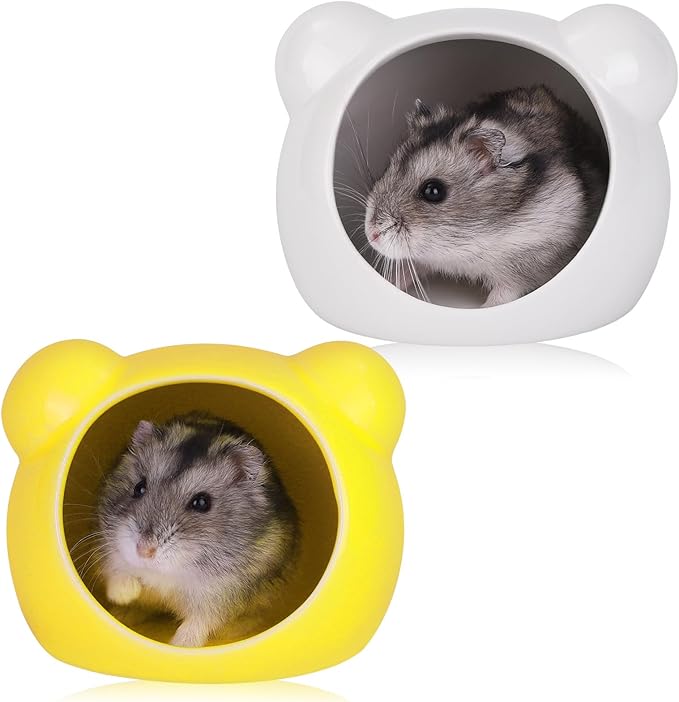 VanEnjoy 2 Pack Ceramic Hamster Hideout Yellow and White Small Animal Hides for Gerbils Mice Cute Summer Cooling Houses for Cage Accessories